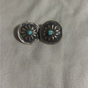 Stamped Sterling Silver Floral Concho Earrings with Turquoise.